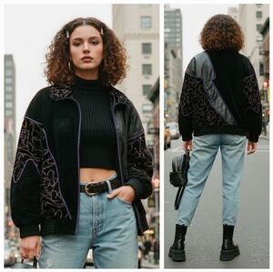 Alia L Vintage 80s 90s Eclectic Retro Leather Suede & Velvet Bomber Jacket